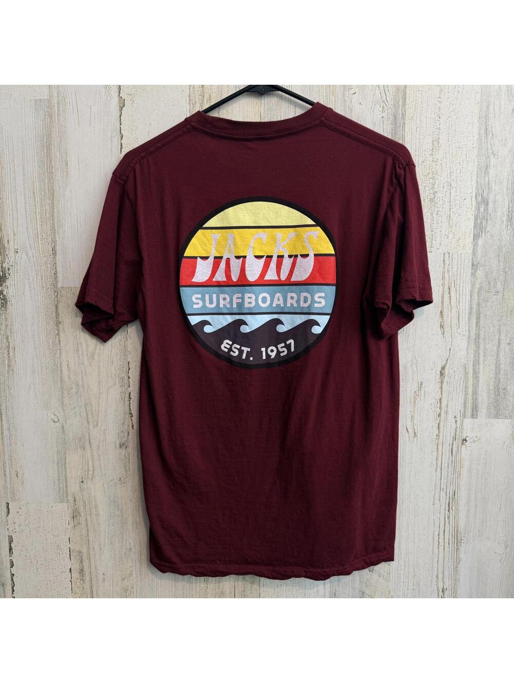 Jacks Surfboards Men's Mediums T-Shirt Burgundy Short Sleeve
